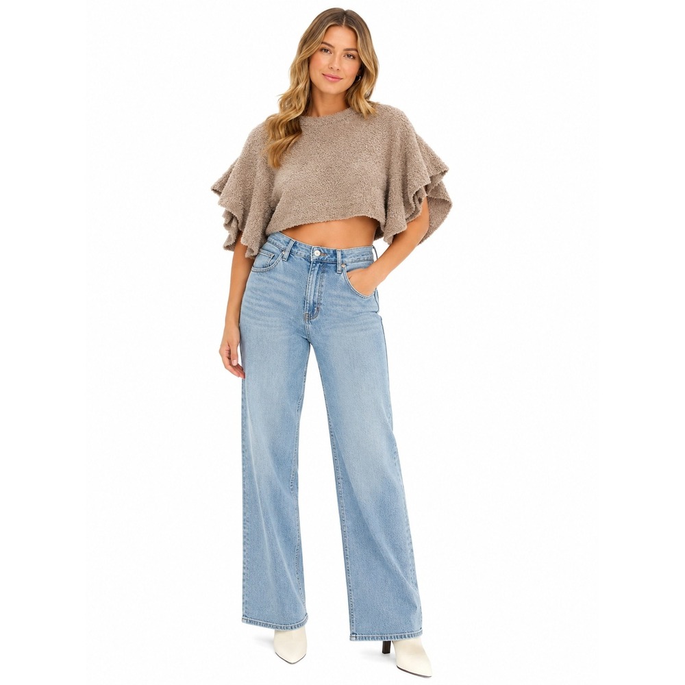 Rustic Rack Popcorn Knit Cropped Sweater Womens Small Taupe Brown Boho Casual